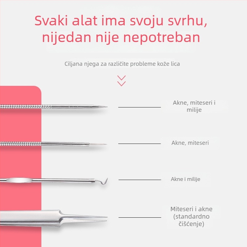 5-dijelni set alata za akne od nehrđajućeg čelika u kutiji, dvostrane igle za akne, akne igla, kliješta za prištiće, igla za crne točke