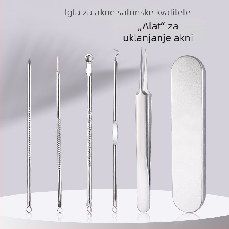 5-dijelni set alata za akne od nehrđajućeg čelika u kutiji, dvostrane igle za akne, akne igla, kliješta za prištiće, igla za crne točke