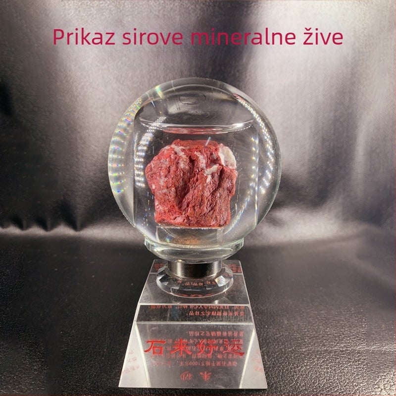 Prirodni cinnabar ukras s prozirnom kristalnom kuglom – Feng shui kamen za sreću