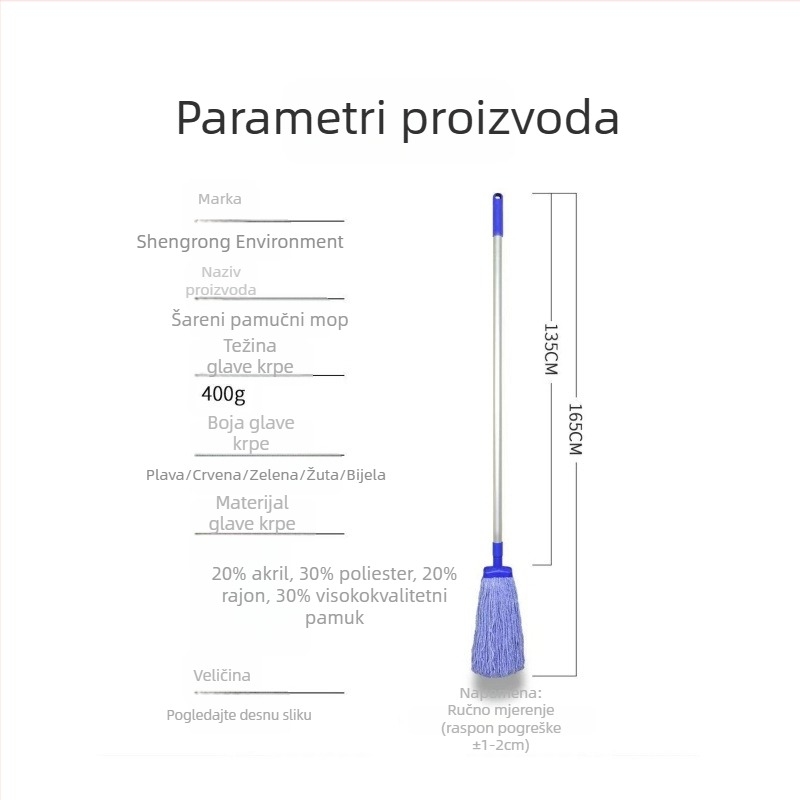 Mop od pamukovog vlakna za pločice, velikog formata, izdržljiv i jednostavan za čišćenje.