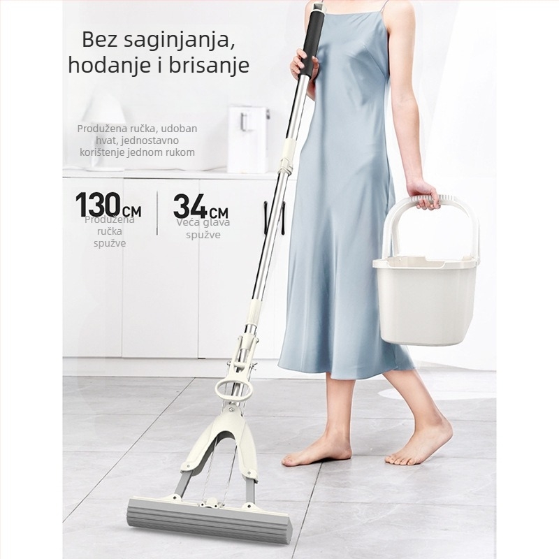 Gel-pamučni mop s teleskopskom ručkom od nehrđajućeg čelika, upijajući spužvasti mop, dvostruko iscijeđivač spužve, čišćenje bez dodira