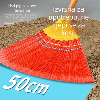 Izdržljiva plastična metla s dugim držalom i drvenom ručkom; velika veličina; kosa se ne lijepi.