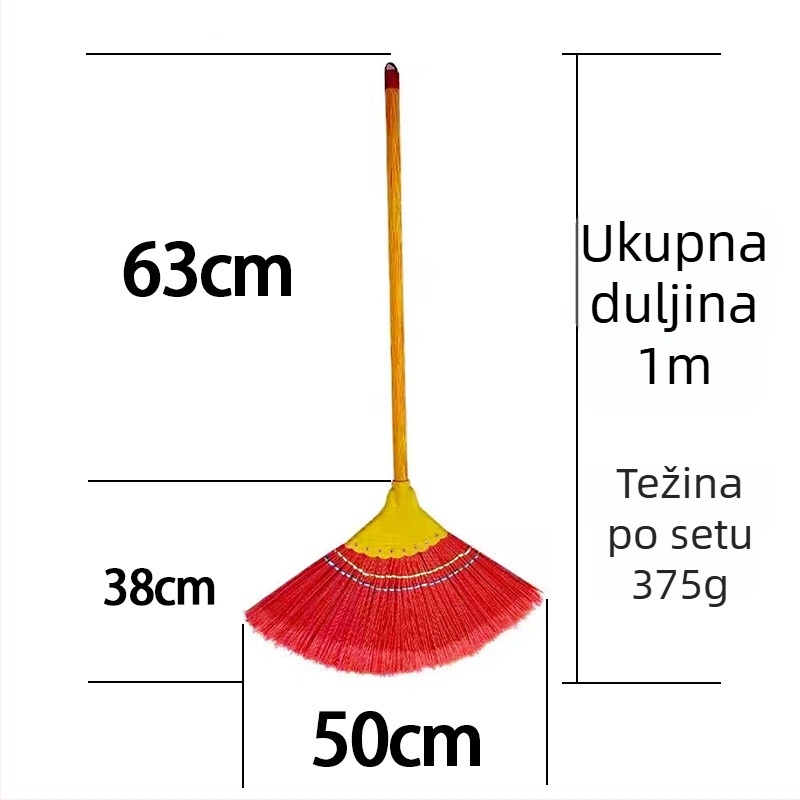 Izdržljiva plastična metla s dugim držalom i drvenom ručkom; velika veličina; kosa se ne lijepi.