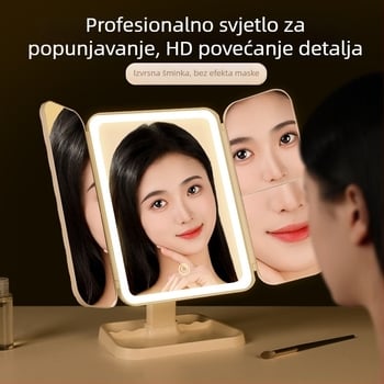 Tro-panelno ogledalo za šminkanje s LED rasvjetom, stolno, pogodno za studentski dom i kućnu upotrebu