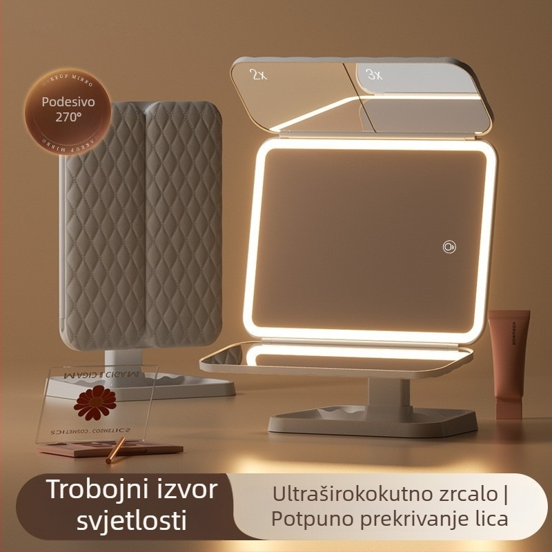 Tro-panelno ogledalo za šminkanje s LED rasvjetom, stolno, pogodno za studentski dom i kućnu upotrebu