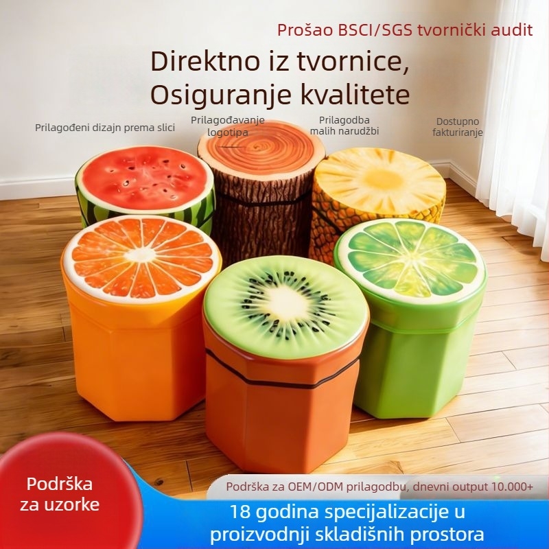 Cilindrični stolić za pohranu s motivom voća, sklopiv, presvučen flanelom