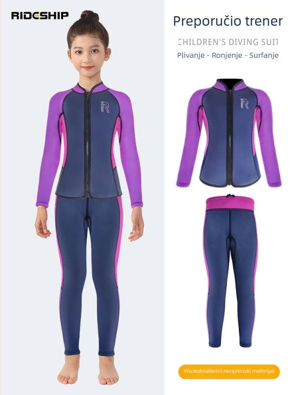 Dječji 3 mm dvodijelni potapajući wetsuit, debele neoprene, toplina, UV zaštita, s dugim rukavima i dugim hlačama