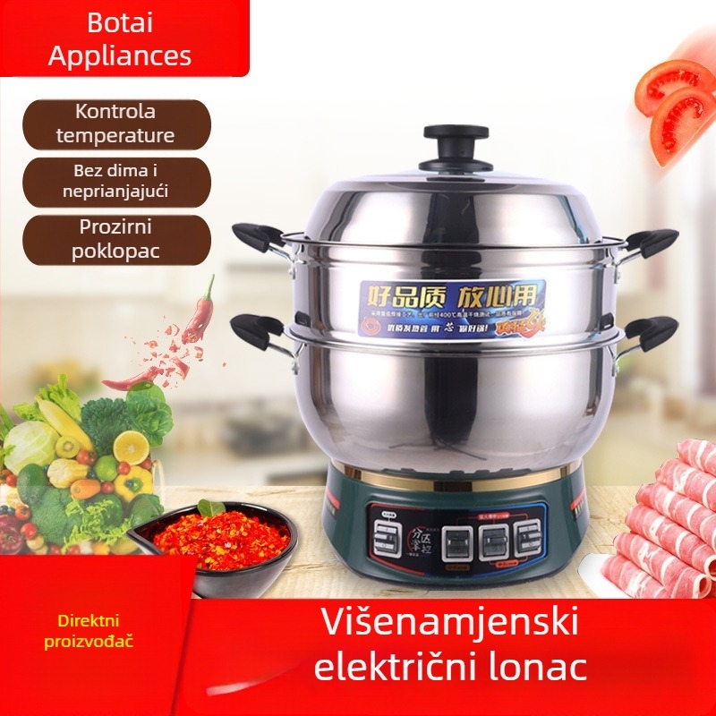 Dvostruko složena višenamjenska električna posuda za kuhanje, 2100W, nehrđajući čelik, para, prženje, kuhanje i dinstanje – sve-u-jednom kuhinjskom uređaju