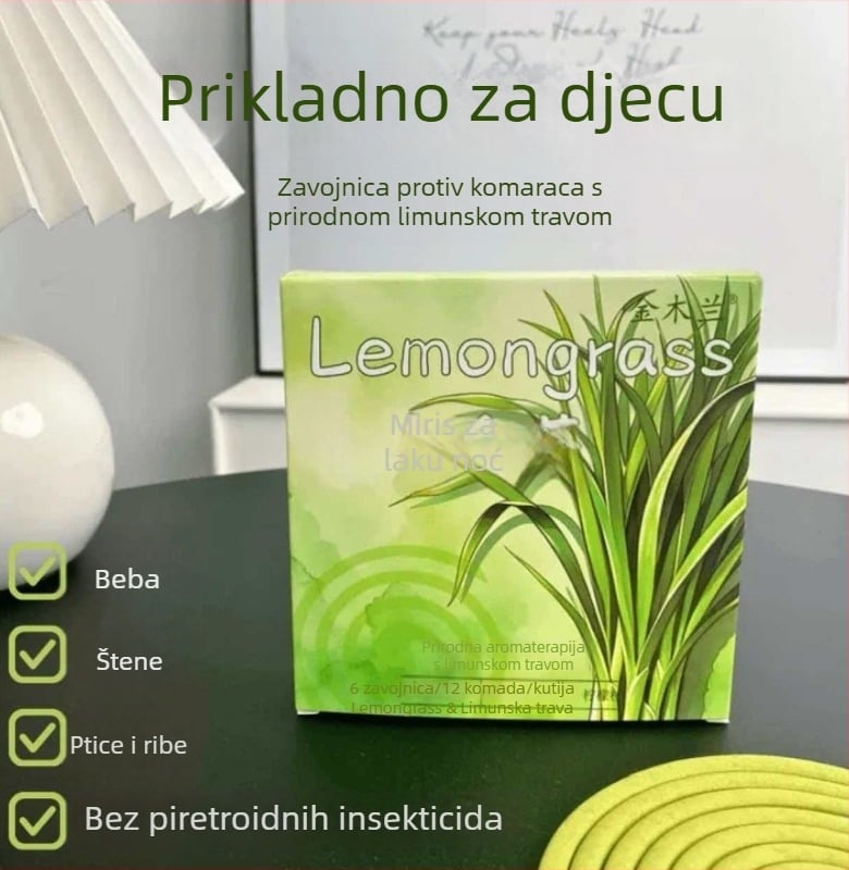 Biljni repelent protiv komaraca na bazi limunske trave, za unutarnju i vanjsku upotrebu, spiralno kadilo, netoksičan