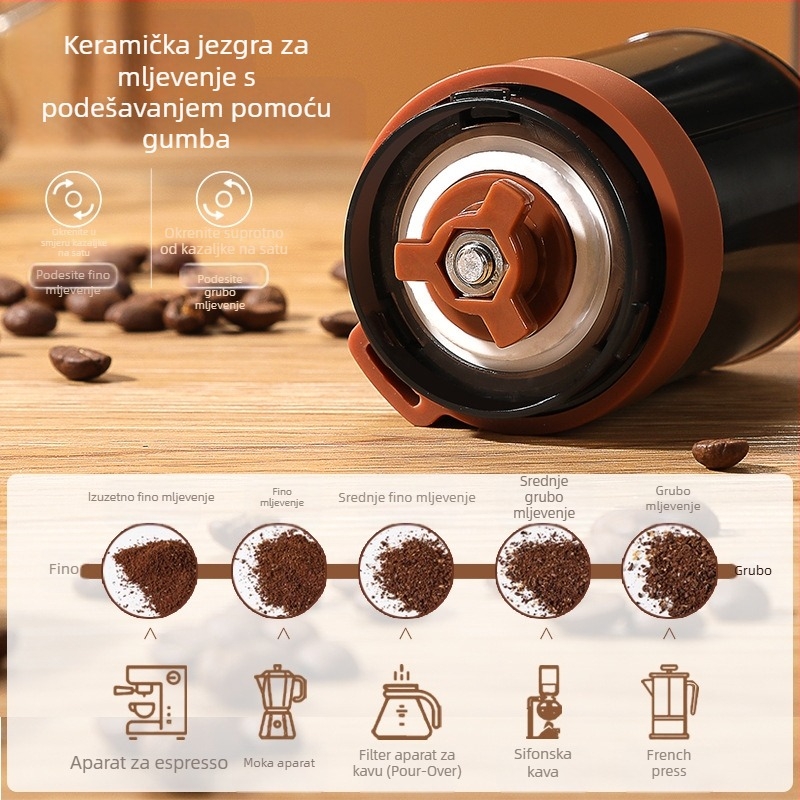 Ručni mlin za kavu s ručnim pogonom, za mljevenje pour-over i talijanskog stila, sklopivi i prenosni za kućnu uporabu.