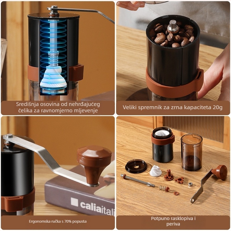 Ručni mlin za kavu s ručnim pogonom, za mljevenje pour-over i talijanskog stila, sklopivi i prenosni za kućnu uporabu.
