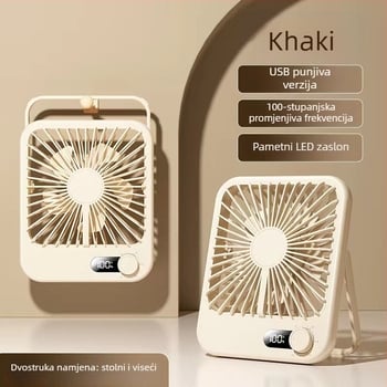 Prijenosni kompaktni stolni ventilator s mogućnošću kačenja, USB punjenje, neprekidno podešavanje brzine i digitalni displej