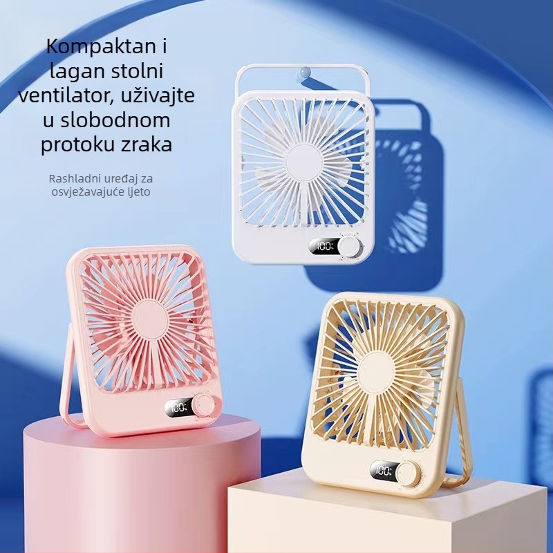 Prijenosni kompaktni stolni ventilator s mogućnošću kačenja, USB punjenje, neprekidno podešavanje brzine i digitalni displej
