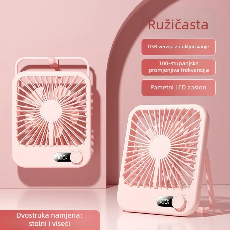 Prijenosni kompaktni stolni ventilator s mogućnošću kačenja, USB punjenje, neprekidno podešavanje brzine i digitalni displej