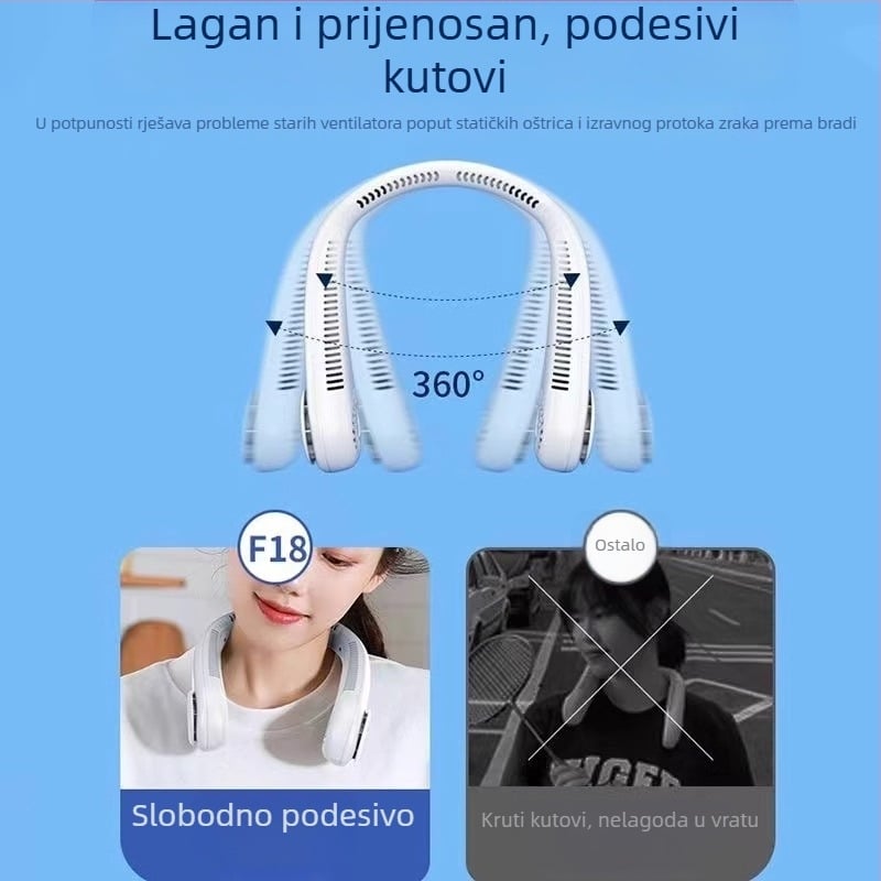 Nosač za vrat s ugrađenom baterijom — prijenosno tiho hlađenje na otvorenom, 3 brzine, 6+ lopatica