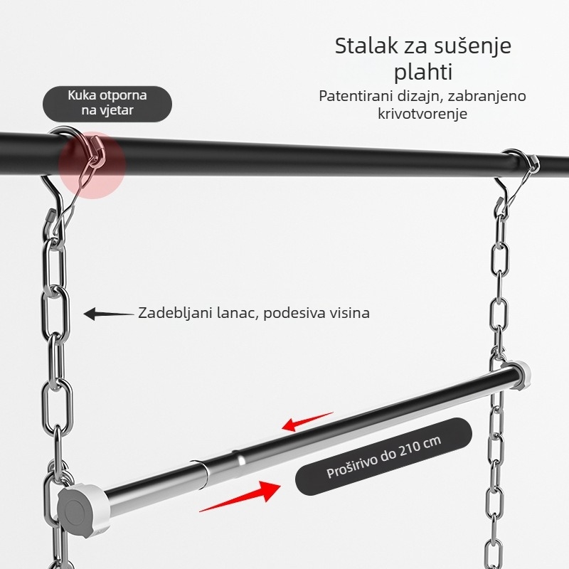 Prijenosni stalk za sušenje rublja za prozor od nehrđajućeg čelika, bez bušenja, produžni, otporan na vjetar za zimske pokrivače