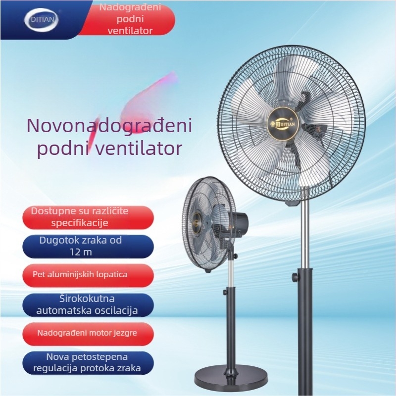 Podni ventilator s pet aluminijskih lopatica, visok protok zraka, namijenjen kućnoj, komercijalnoj i industrijskoj uporabi