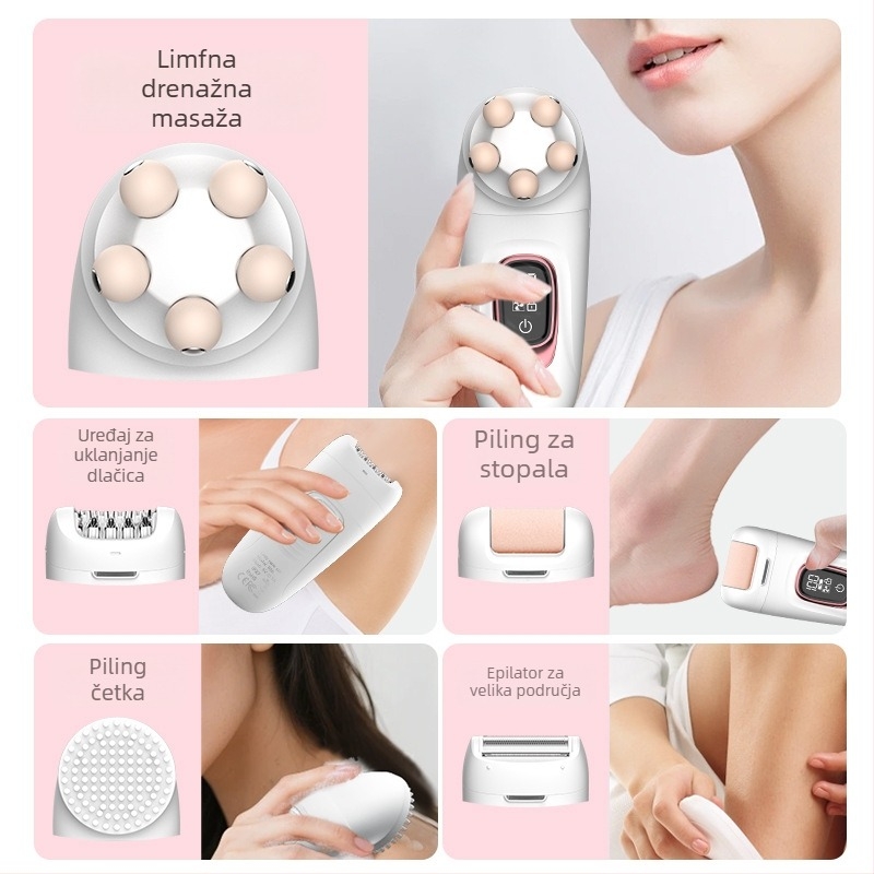 5-u-1 električni epilator za tijelo: uklanjanje dlaka, brijač, četka za čišćenje i masažer – pogodno za mokro i suho korištenje