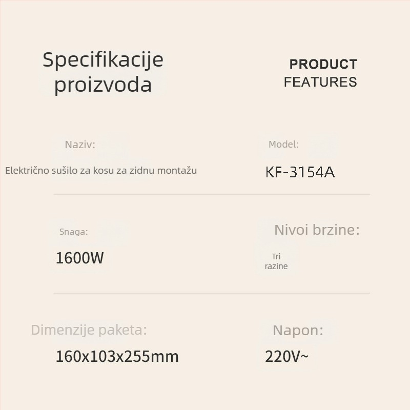 Koji KF-3154A 1600W zidno sušilo za kosu u kupaonici, s regulacijom temperature i zaštitom od pregrijavanja
