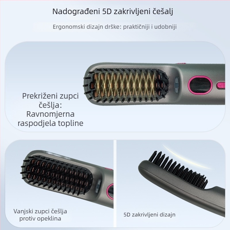 Bežični češalj za ravnanje kose, prijenosni, s negativnim ionima za njegu kose, ne oštećuje kosu, infracrveni češalj za kovrčanje i ravnanje