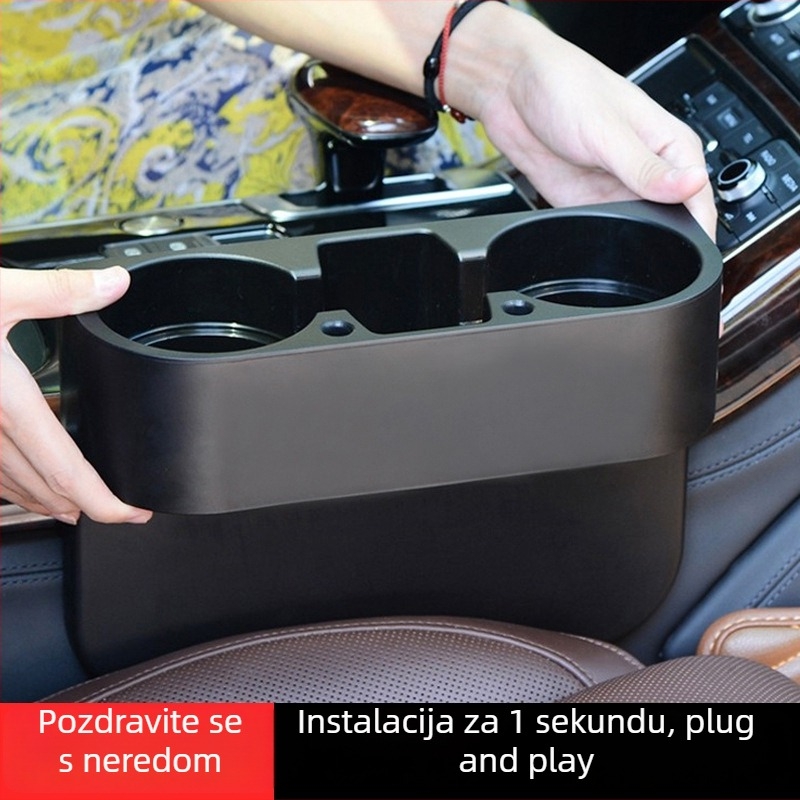 Organizator za prostor između sjedala automobila s držačem za čašu, košom za smeće i prostorom za pohranu