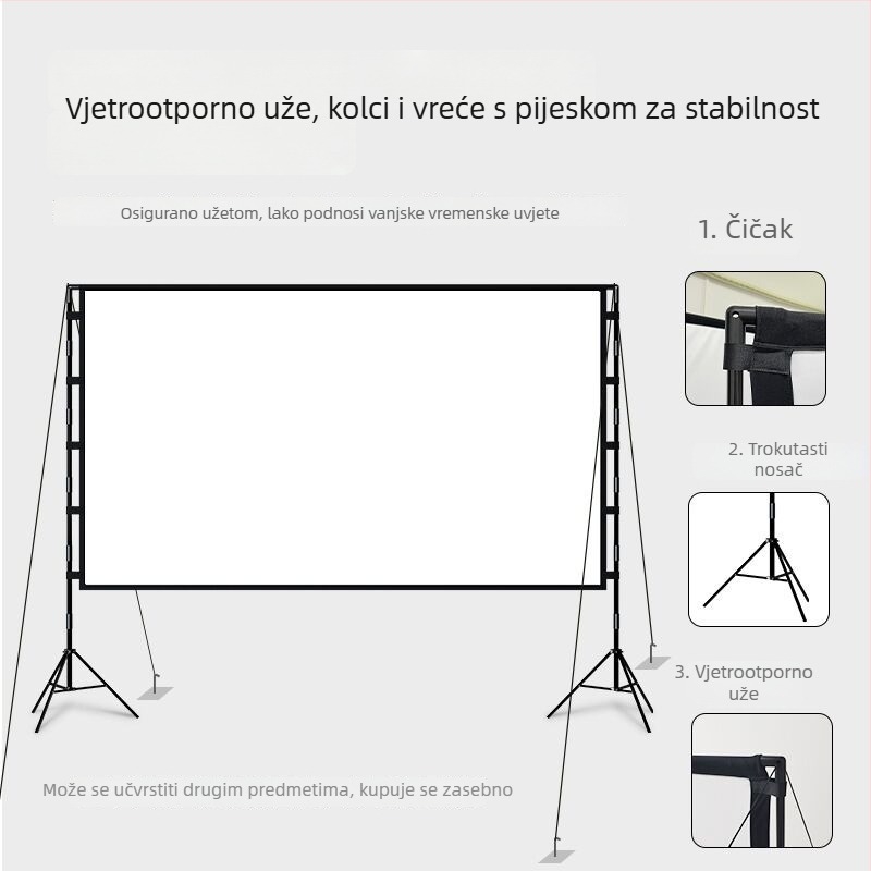 Vanjski projekcijski ekran sa stalkom, HD, 100–120 inča, za kućnu i kamping projekciju