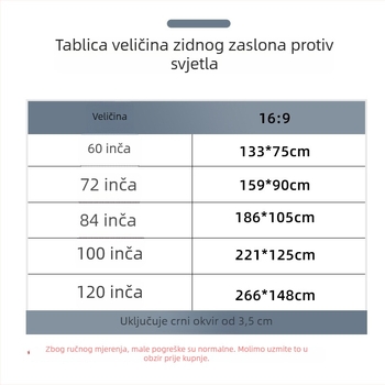 Prijenosni sklopivi zidni projekcijski zaslon, 100 inča, omjer 16:9, kućni kino