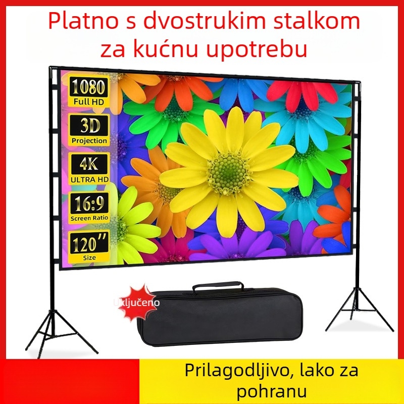 Projektni zaslon s dvostrukim nosačima za kućnu upotrebu, otporan na odsjaj, 100-inčni, prijenosni za kampiranje