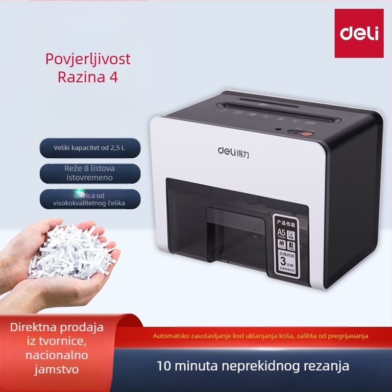Deli 9931N sječkač papira – stolni mini za ured/kućnu upotrebu, 8 listova kapaciteta, rezanje 4×35 mm konfete, električni, prijenosni