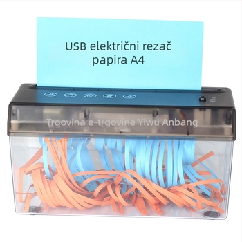 USB dvostruko korišten električni mini stolni rezac papira u trake A4, 5 mm trake, 9V, 10.8W, spremnik 2.6 L, dimenzije 275×118×148 mm, težina 0.9 kg