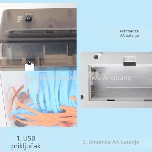 USB dvostruko korišten električni mini stolni rezac papira u trake A4, 5 mm trake, 9V, 10.8W, spremnik 2.6 L, dimenzije 275×118×148 mm, težina 0.9 kg