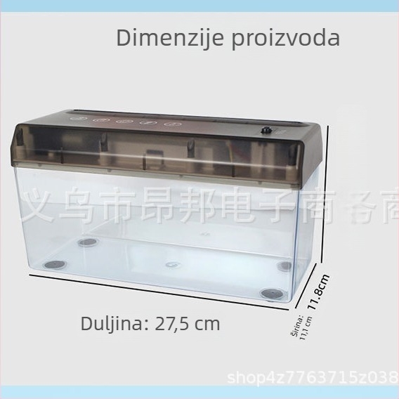 USB dvostruko korišten električni mini stolni rezac papira u trake A4, 5 mm trake, 9V, 10.8W, spremnik 2.6 L, dimenzije 275×118×148 mm, težina 0.9 kg