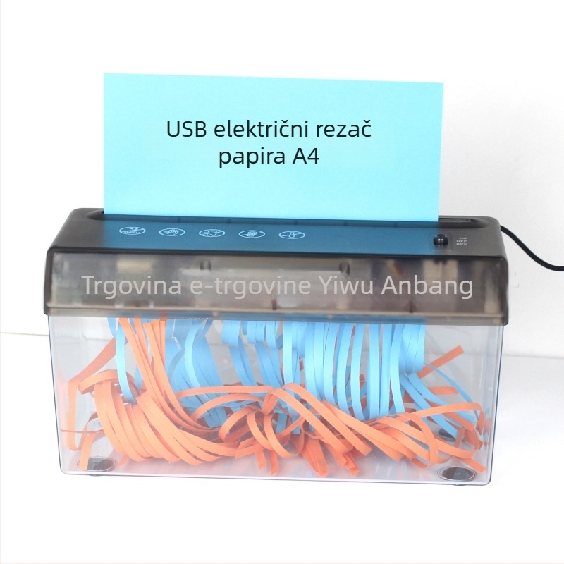 USB dvostruko korišten električni mini stolni rezac papira u trake A4, 5 mm trake, 9V, 10.8W, spremnik 2.6 L, dimenzije 275×118×148 mm, težina 0.9 kg
