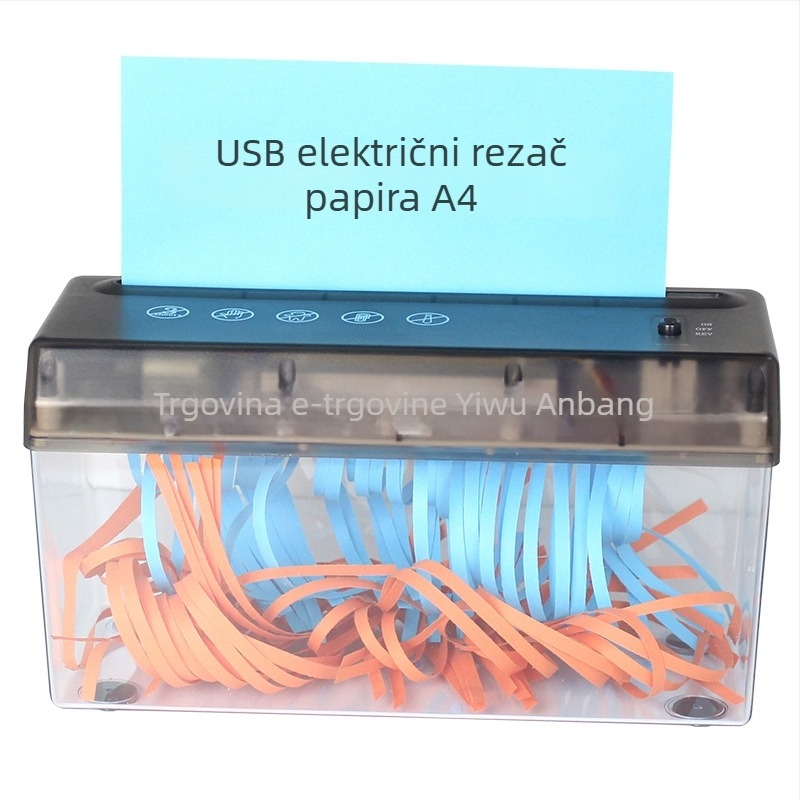 USB dvostruko korišten električni mini stolni rezac papira u trake A4, 5 mm trake, 9V, 10.8W, spremnik 2.6 L, dimenzije 275×118×148 mm, težina 0.9 kg