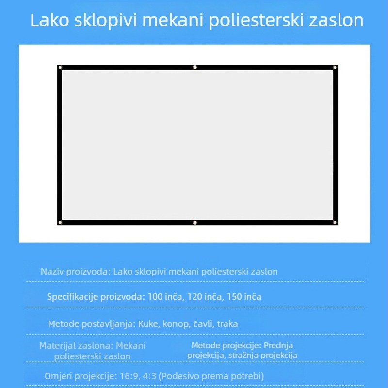 Jednostavan poliesterski projekcijski zaslon za vanjsku upotrebu, dimenzije 100/120/150 inča