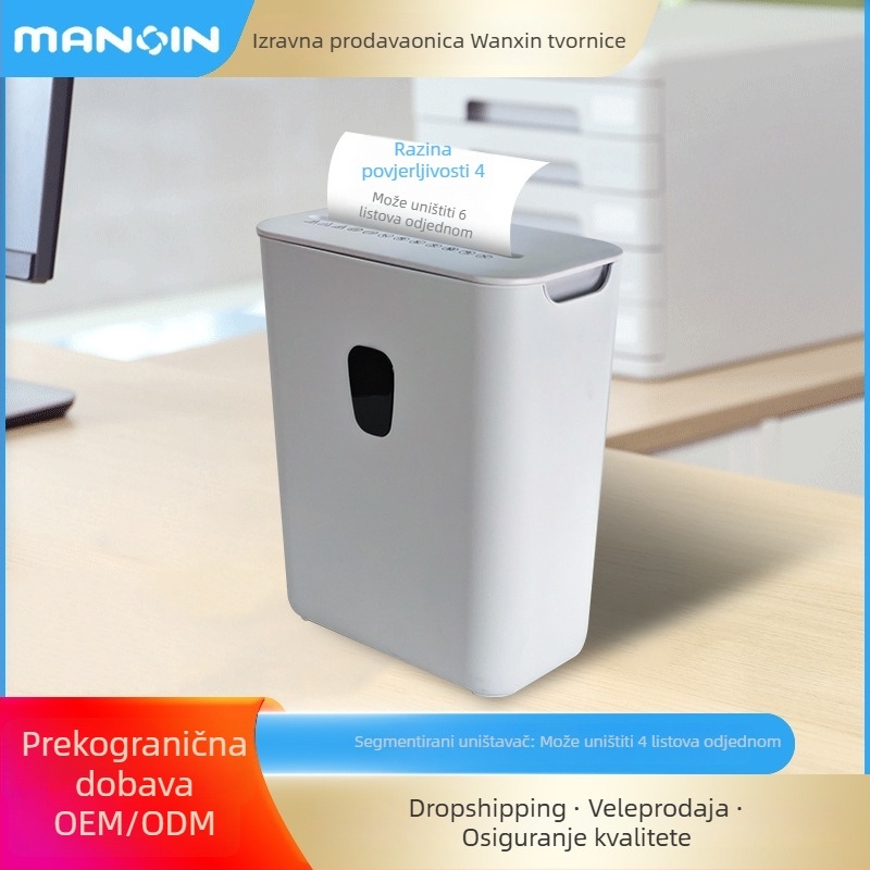Kompaktna električna sjeckalica za papir, namijenjena uredu, komercijalnoj i kućnoj uporabi, stolna, s segmentiranim drobljenjem, prijenosna