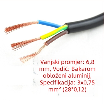 Napajajući kabel s bakreno premazanim aluminijem, s utikačem, francuskog stila, prema europskom standardu, 3-pinski konektor
