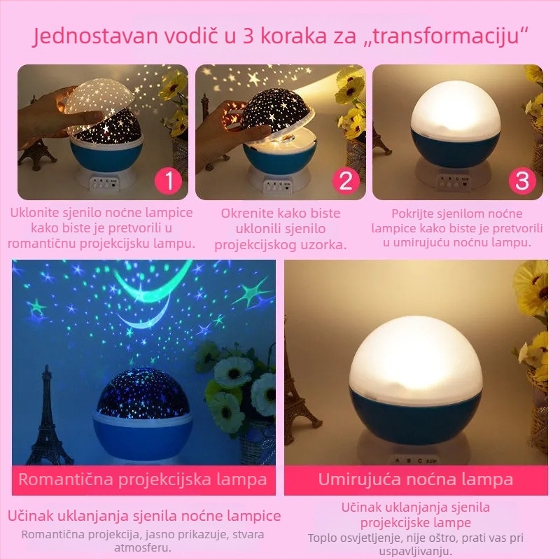Rotirajući projektor zvjezdanog neba – noćna LED lampica s mjesecom i zvijezdama
