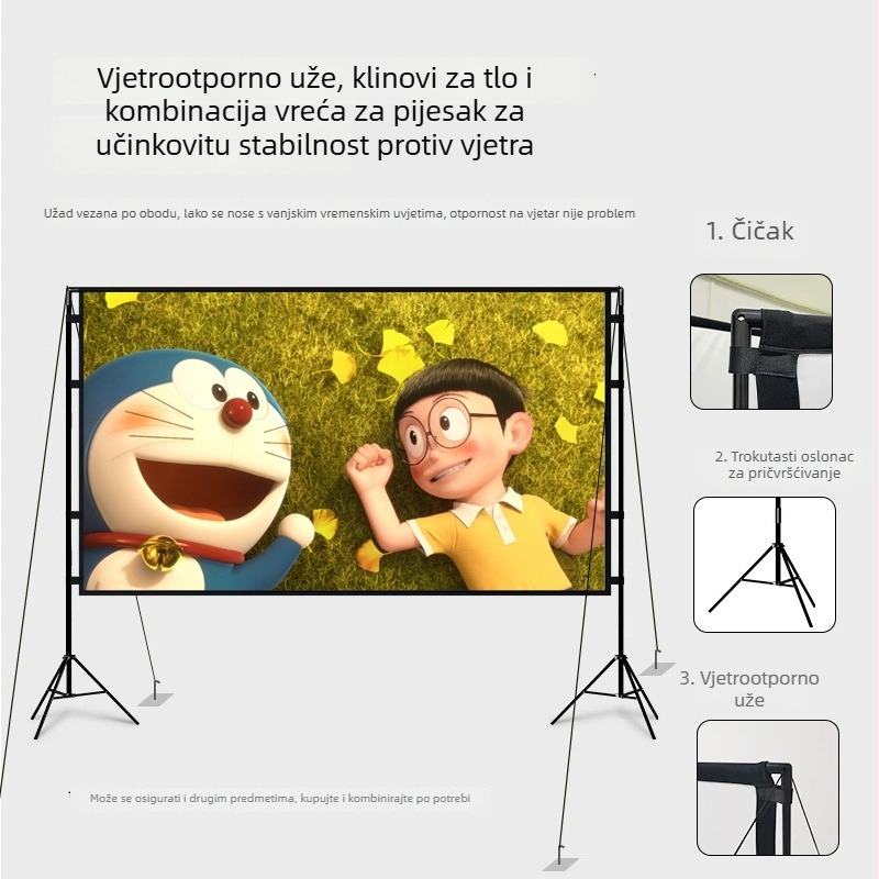 Prijenosni vanjski projekcijski zaslon s dvostrukim stalkom, kućni kino, 60–120 inča