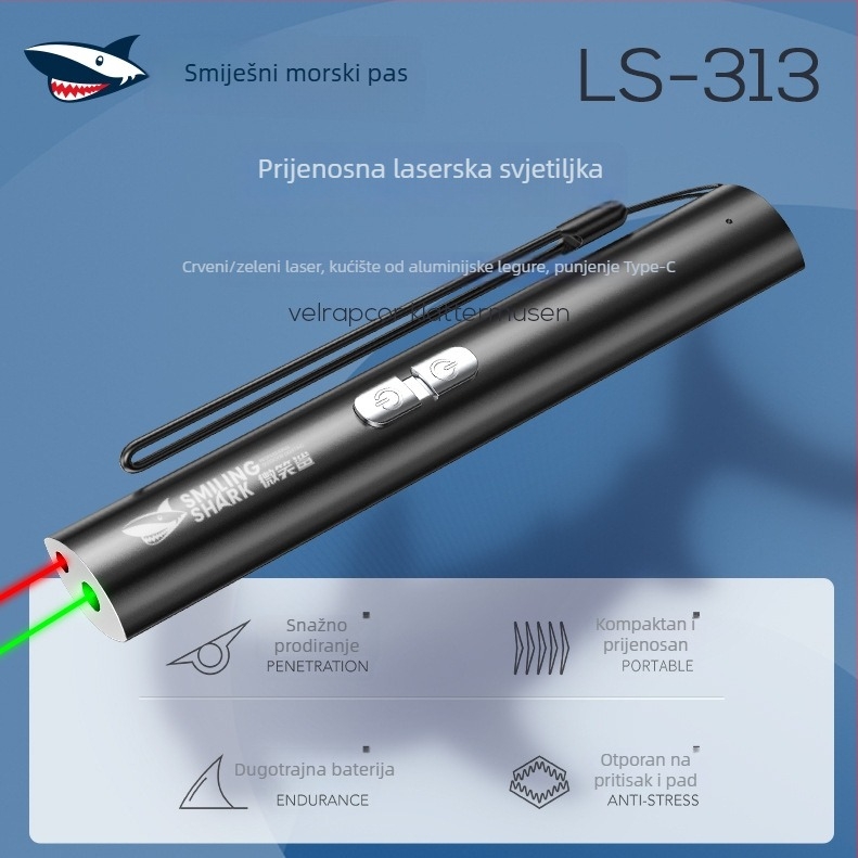 Smiling Shark laserska igračka za mačke, aluminijska legura, punjiva, dug domet, crveno-zelena LED indikacija