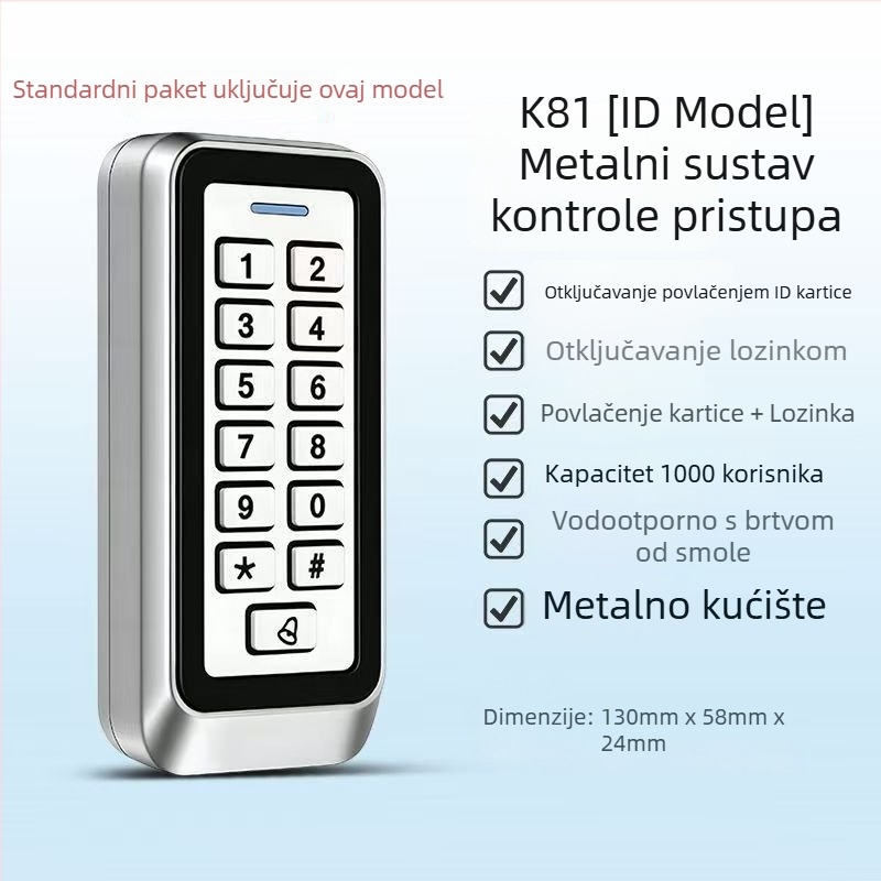 Metalni uređaj za upravljanje pristupom, vodootporan elektronički sustav kontrole pristupa, s osvijetljenim tipkama za čitanje kartice i unos lozinke, za ured