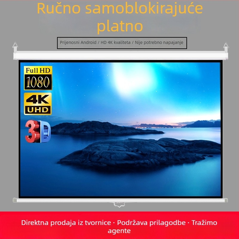 Ručno povlačni projekcijski zaslon s mehanizmom zaključavanja, veličina 84/100/120 inča, omjeri 16:9/4:3, bijela.