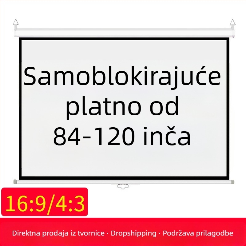 Ručno povlačni projekcijski zaslon s mehanizmom zaključavanja, veličina 84/100/120 inča, omjeri 16:9/4:3, bijela.