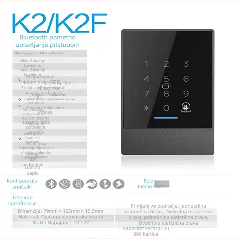 TTLOKC Bluetooth sustav kontrole pristupa s aplikacijom, lozinkom i karticom, modeli K2/K2F, IC kartica 13,56 MHz, kapacitet 20000, za prostor za učenje