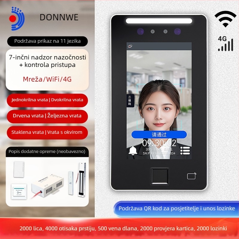 Dongwei XFace70V mrežni 7-inčni sustav za kontrolu pristupa i evidenciju radnog vremena s prepoznavanjem lica – sve-u-jednom uređaju, 4G prepoznavanje lica za vrata od drveta i stakla