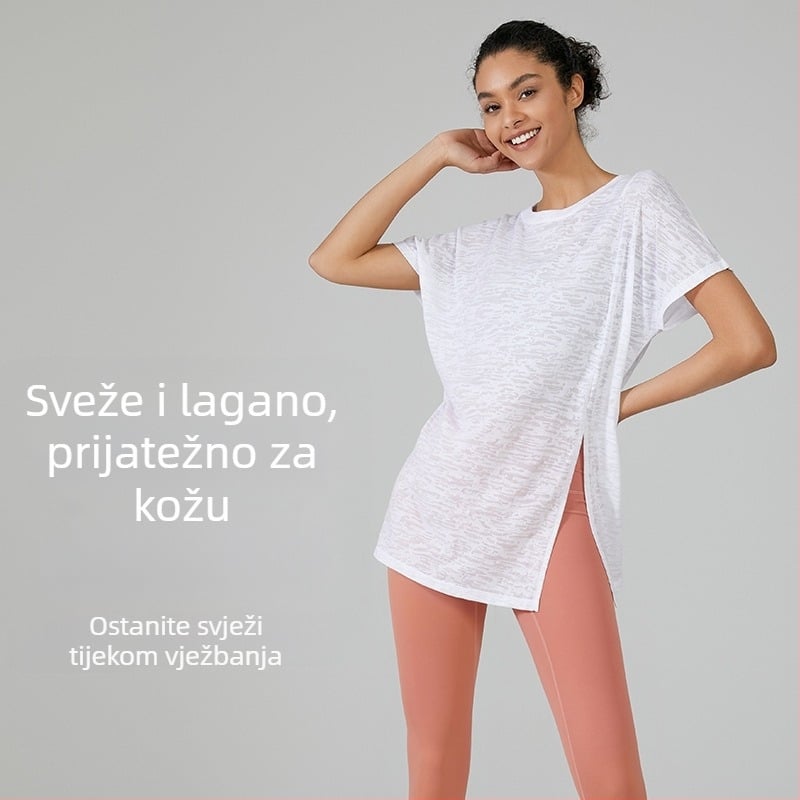 Nova opuštena joga bluza, tanko dišući sportski top, brzo sušeći kratkih rukava za žene