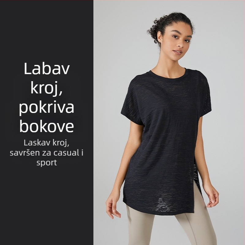 Nova opuštena joga bluza, tanko dišući sportski top, brzo sušeći kratkih rukava za žene