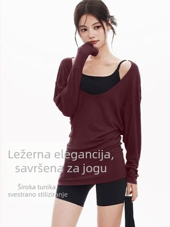 Ženski T-shirt s dugim rukavima i velikim U-izrezom, prekriva bokove, pogodna za sport, fitness i jogu; širok kroj, naglašava struk i vizualno sužava siluetu.