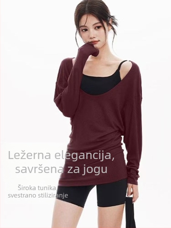 Ženski T-shirt s dugim rukavima i velikim U-izrezom, prekriva bokove, pogodna za sport, fitness i jogu; širok kroj, naglašava struk i vizualno sužava siluetu.