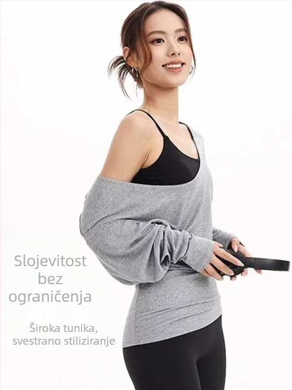 Ženski T-shirt s dugim rukavima i velikim U-izrezom, prekriva bokove, pogodna za sport, fitness i jogu; širok kroj, naglašava struk i vizualno sužava siluetu.